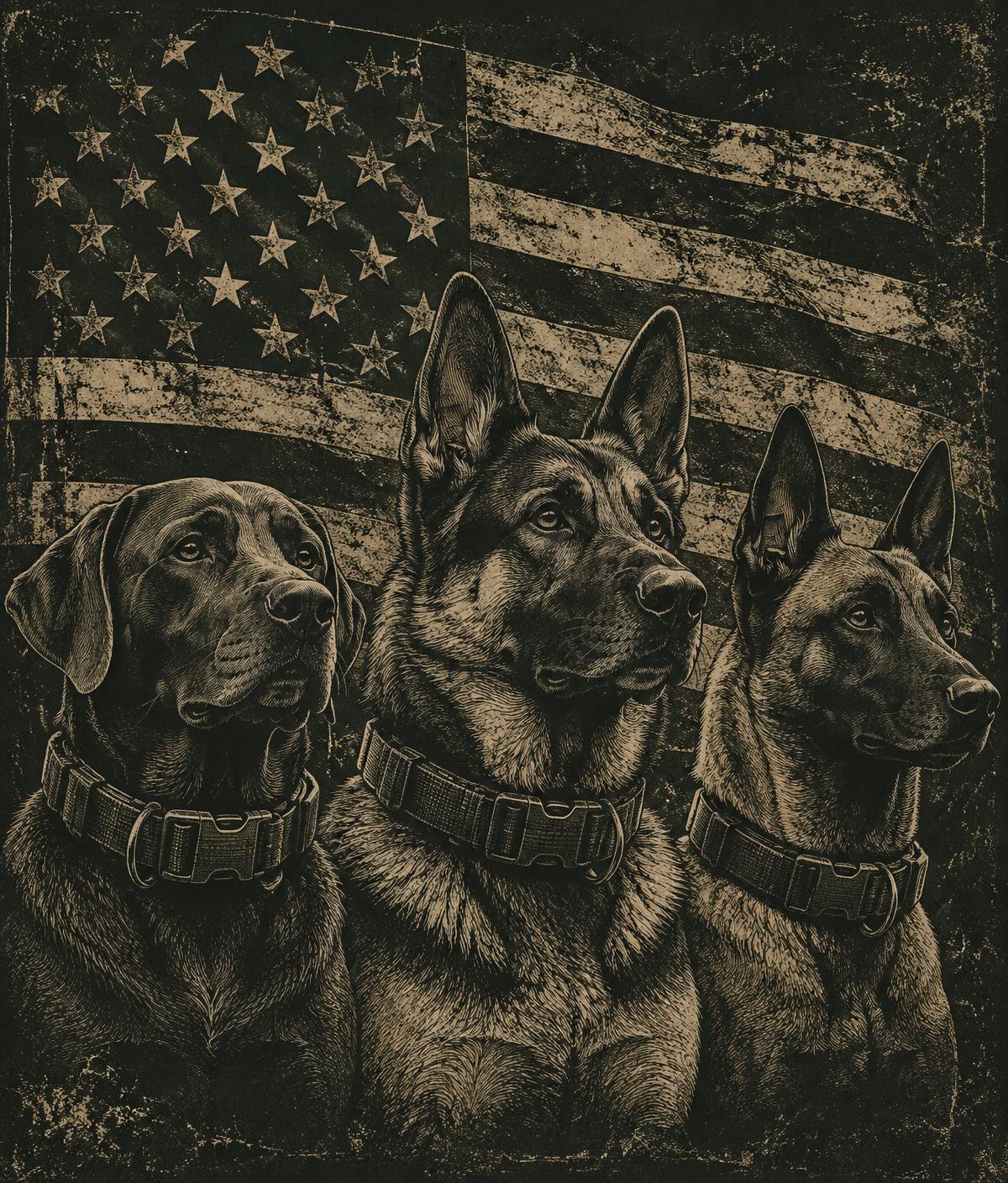 Three working dogs before a distressed American flag